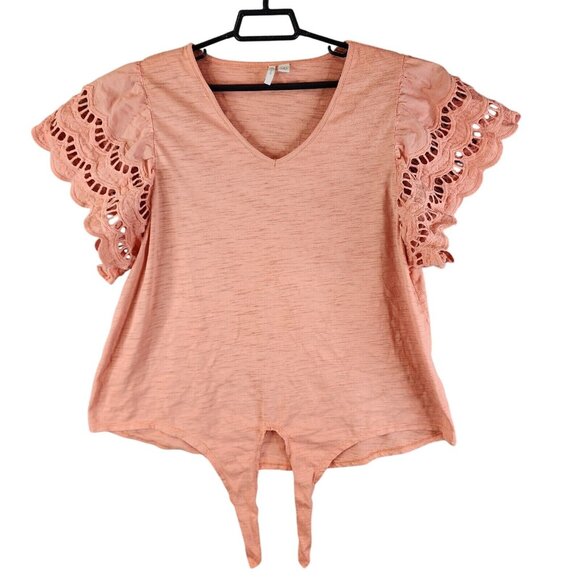 cure Tops - Womens Est. 1946 Peach Top Short Sleeve Cutout Detail V Neck Polyester Blend L